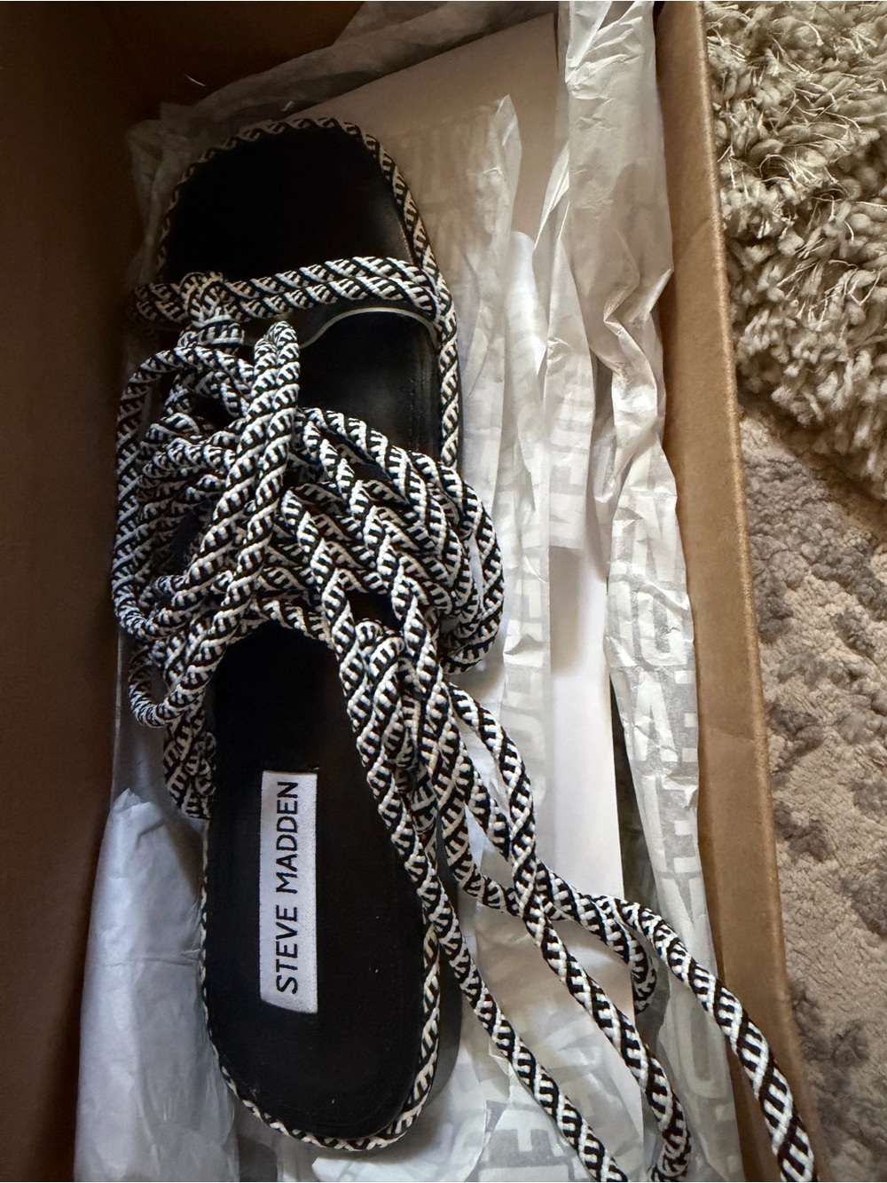 Steve Madden Black and White Braided Lace-Up Sandal